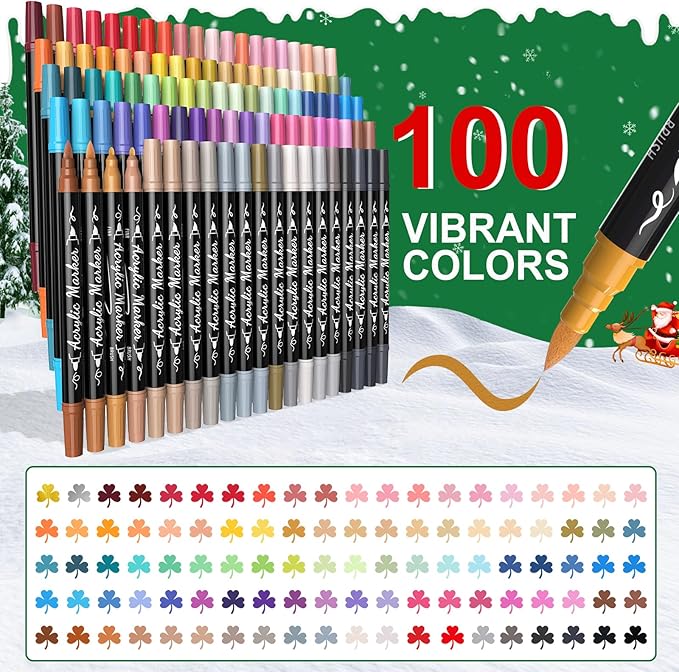 100 Colors Acrylic Paint Markers Waterproof Dual Tip Acrylic Paint Pens with Brush & Fine Tip Professional Marker Set Scrapbook Markers for Paper Rock Wood Fabric Glass Ceramic and DIY Crafts