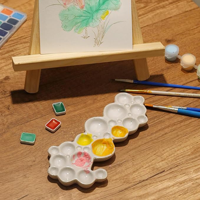 Ceramic Paint Palette - Portable Watercolor Trays for Artists | Easy-Clean Porcelain Mixing Palette with Thumb Stopper Unique Bubble Shape Design for Adult Kids and Travel Use