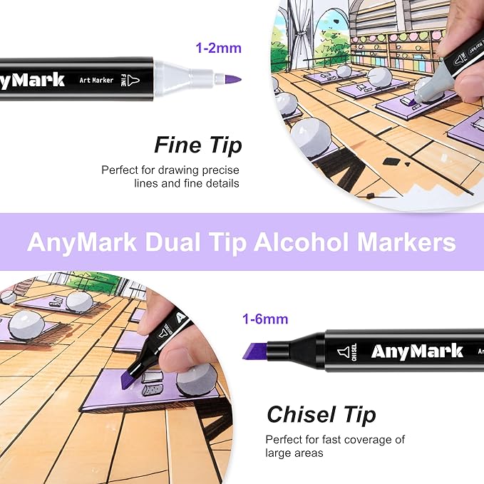 AnyMark Alcohol Markers, 48 Colors Dual Tip Art Coloring Markers Set for Adult Book Drawing Sketching Painting, Chisel & Fine, Black Penholder