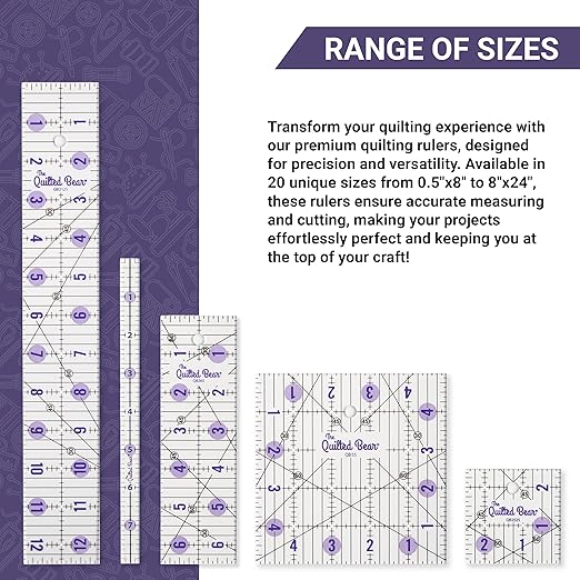 The Quilted Bear Quilting Rulers - Transparent Acrylic Non Slip Quilting, Patchwork & Sewing Ruler with Clear Black Lines & 30, 45 & 60 Degree Angles for Perfect Accuracy & Precision (5" x 5")