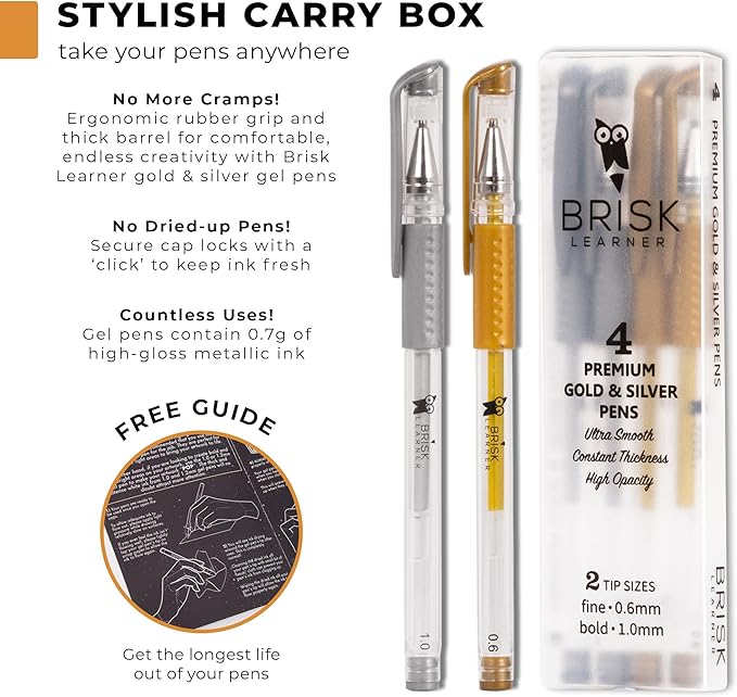 4 Gold Silver Gel Pens - 0.6 & 1.0mm Fine & Bold for Artists - Metallic Ink for Art, Drawing, Black Paper, Coloring, Journaling, Wedding, Scrapbook