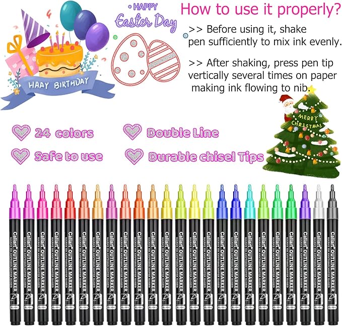 Caliart 24 Colors Outline Markers Shimmer Glitter Pens, Doodling Marker Set for Kids Teen Girls Adults, Birthday Gifts Trendy Stuff, Cool Fun Craft Drawing Art Supplies