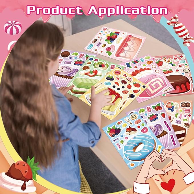 24 Sheets Make a Cake Sticker for Kids, Make Your Own Dessert Mix and Match Stickers with Cupcakes, Puddings, Swiss Rolls, Fruit & Sweets Stickers for Classroom Birthday Parties Supplies Crafts