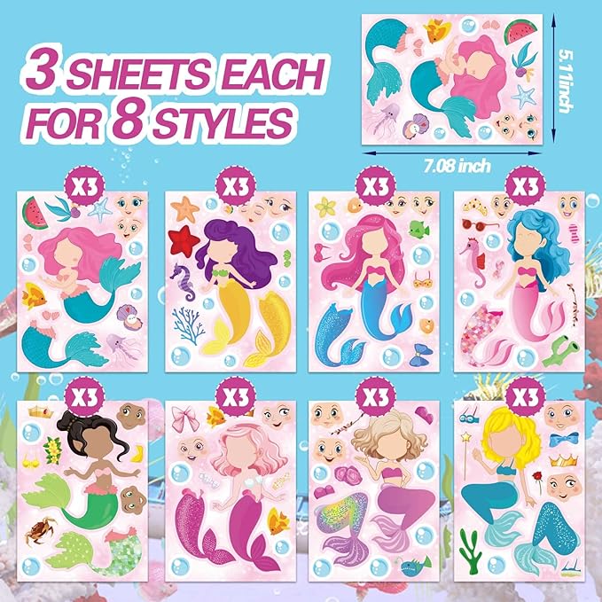 24 Sheets Mermaid Stickers Make Your Own Stickers Party Favors Mermaid Make A Face Sticker for Kids Party Favors,Classroom Teacher Rewards, Art Craft Supplies