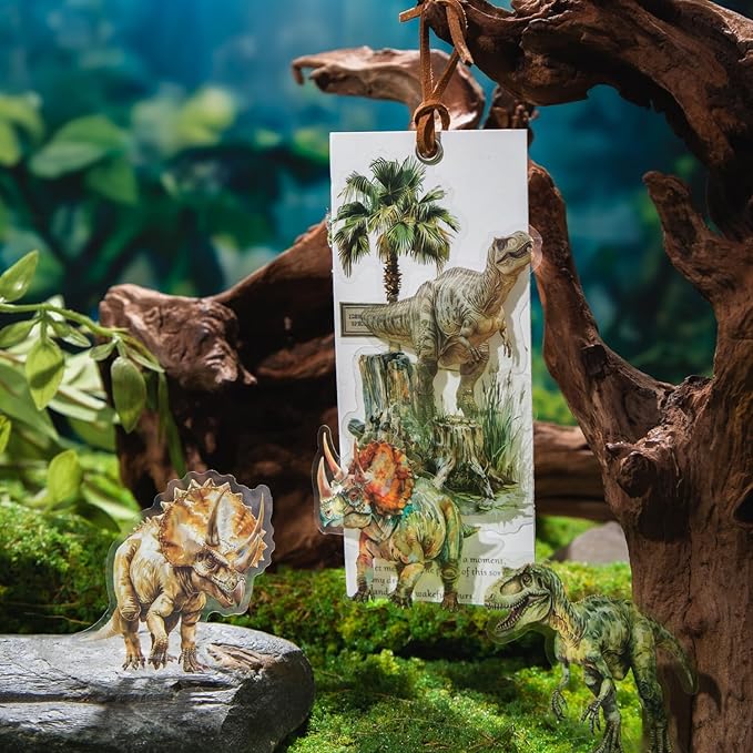 60 PCS Large Jurassic Dinosaur Clear Stickers for Scrapbooking, Planner, Watercolor Prehistoric Volcano Forest Dinosaur Vinyl Decals for Teens Adults Crafts, Journaling