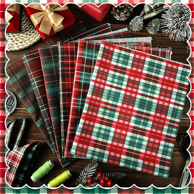 Hahafelt 10 Pcs Vintage Plaid Christmas Quilting Fabric 18 x 22 Inch Retro Homespun Fabric Jelly Squares Lattice Rustic Precut Buffalo Grid Quilting Strips for Xmas Craft Sewing DIY