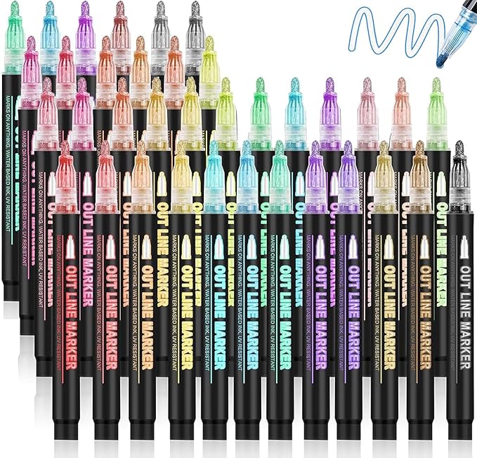 Tommax Double Line Outline Markers 36pcs, Metallic Shimmer Markers for Gift Cards, Rock Painting, Wood, Ceramic, Glass