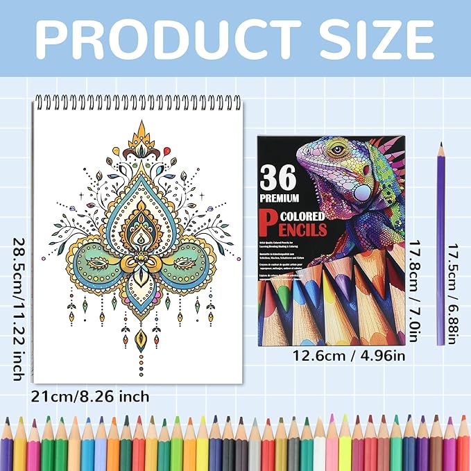 2Pcs Mandala Adult Coloring Books for Women Relaxation with 36 Color Pencils, Adult Coloring Book Spiral Bound, Thick Paper One Sided Design, Coloring Pencils for Adults with Mandala Coloring Books