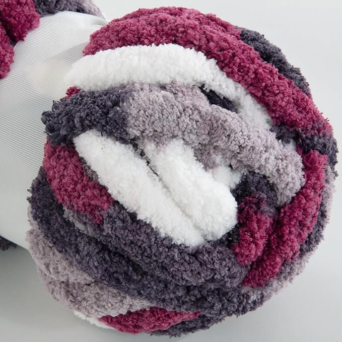 HOMBYS 8 Pack Giant Chunky Yarn for Crocheting and Knitting, Super Bulky Large Soft Fluffy Tie Dye Plush Fuzzy Mixed Color Thick Chenille Yarn (Wine Red, Grey, White)