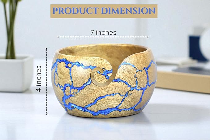 Large Yarn Bowl for Crocheting, Indian Rosewood Knitting Wooden Large Yarn Bowl Holder, Handmade Crocheting String Storage Holder, Knitting Crochet Accessories. (Lite Yellow + Blue Resin)