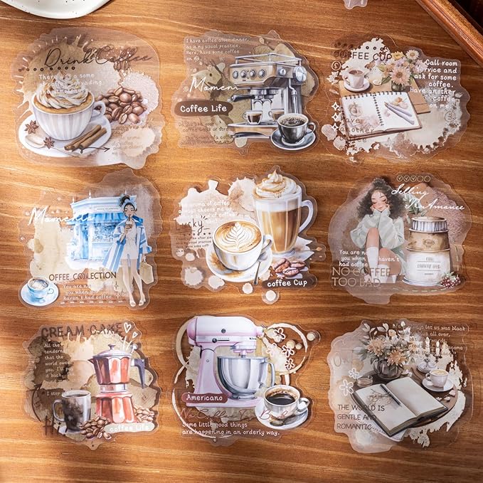 Coffee Aesthetic PET Stickers, 60 Pcs Large Collage Ephemera for Scrapbooking, Journaling, DIY Crafting, and Art Supplies