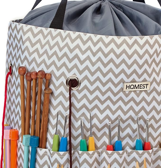 HOMEST Large Crochet Bag with Customized Front Compartment for Knitting Accessories, Yarn Storage with 6 Oversized Grommets, Tote Organizer with Drawstring Closure, Ripple