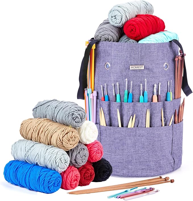 HOMEST Large Crochet Bag with Customized Front Compartment for Knitting Accessories, Yarn Storage with 6 Oversized Grommets, Tote Organizer with Drawstring Closure, Purple