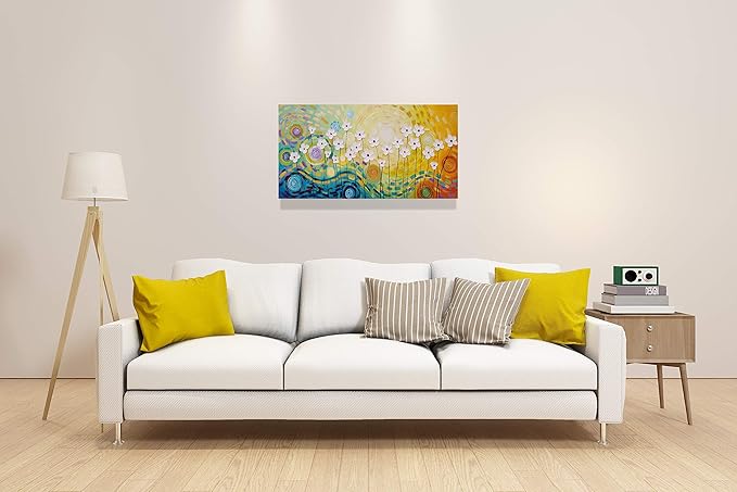Yihui Arts Hand-Painted Textured Floral Oil Painting on Canvas - Vibrant Abstract White Flowers Wall Art for Living Room, Bedroom, Modern Home Decor