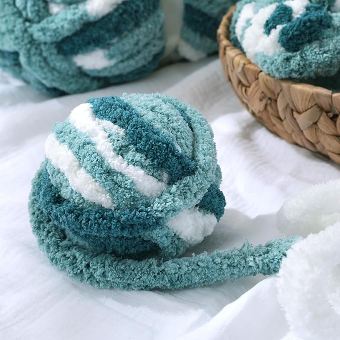 Hombys 8 Pack Giant Chunky Yarn for Crocheting & Knitting, Super Bulky Soft Fluffy Tie Dye Plush Fuzzy Mixed Color Thick Chenille Yarn (Blue Multi, White)