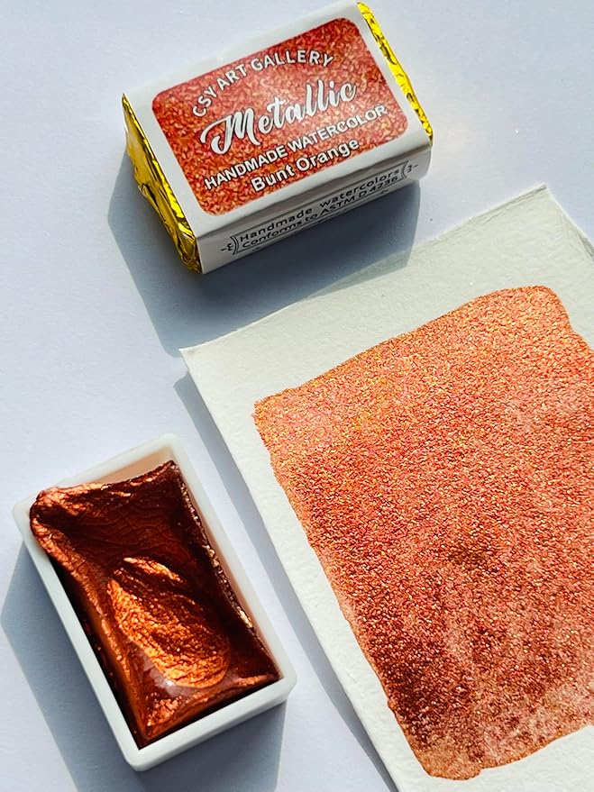CSY art gallery Metallic Watercolor Paint Handmade Gold Watercolour Shimmer Mica Painting Full Pan Glitter Aquarelle (Bunt Orange)