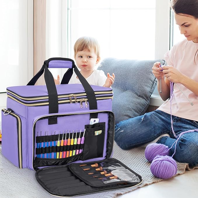 Knitting Bag Yarn Storage Tote, Large Crochet Organizer Bag, Yarn Holder Case for Knitting Needles, Knitting Project Bag with Inner Divider for Crochet Hooks, Knitting Accessories, Purple