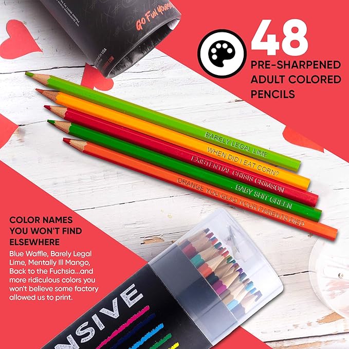 48 Funny & Offensive Colored Pencils for Adults – Pre-Sharpened Gag Gift Set for Adult Coloring Books, Cussing, Pranks, and Creative Stress Relief