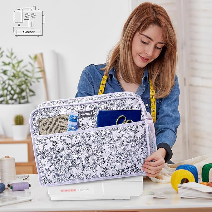 AMOIGEE Sewing Machine Cover for Brother, Singer, Janome – Quilted Dust Cover with Storage Pockets, Padded Protective Sewing Machine Case Fits Most Standard Sewing Machines (17" x 7" x 12")