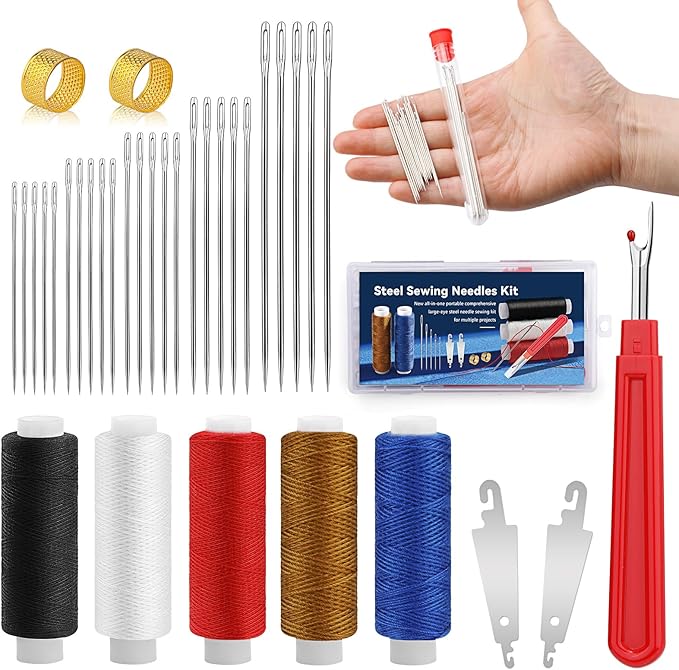 37 PCS Big Eye Steel Sewing Needles Kit, Steels Needle for Hand Sewing with Thimble, Threader, Thread Rippers for Beginner Traveler and Clothing Repair