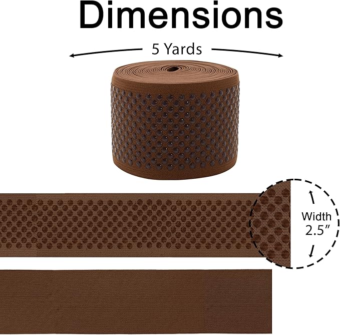 Mandala Crafts 2.5 Inch Elastic Silicone Gripper Tape for Clothing - 5 Yds Dotted Non Slip Elastic Band for Sewing - Brown Silicone Flat Fabric Stretchy Ribbon Straps