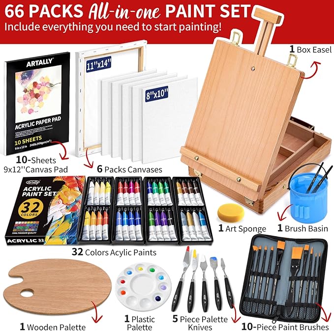 66-Piece Acrylic Painting Kit with Desktop Easel,32 Colors Acrylic Paint Set(22ML), Paint Brush Set & Case, Brush Basin, Complete Art Supplies Painting Set for Adults, Artists, Beginners