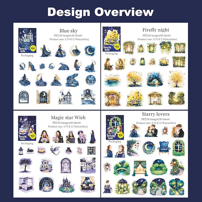 80Pcs Starry Sky Garden PET Sticker Pack, Fantasy Landscape Stickers for Scrapbooking, Journaling, DIY Crafts and Planner Decoration