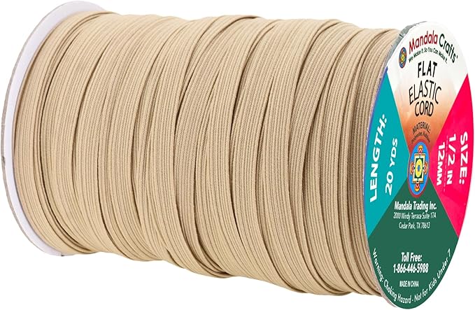 Mandala Crafts 12mm 20 Yds Roll of Tan Elastic Bands for Sewing - 1/2 Flat Elastics Cord - 1 2 Inch Braided Stretch Straps for Crafting
