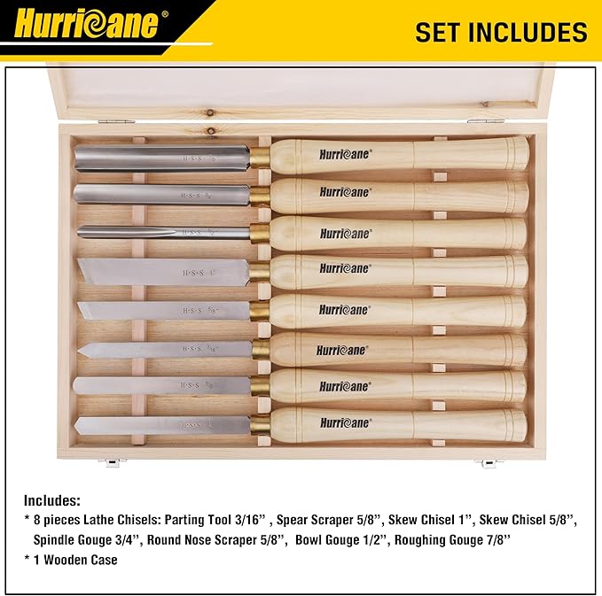 HURRICANE 8pc Wood Lathe Chisel Set with Wooden Box - HSS Wood Turning Tools for Woodworking - Perfect Tools for Precision Cutting and Smooth, Detailed Projects