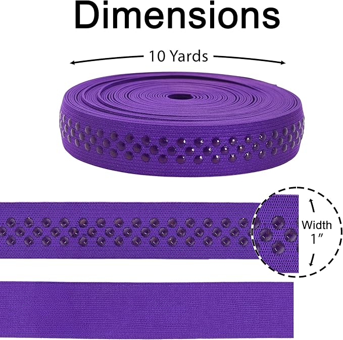 Mandala Crafts 1 Inch Elastic Silicone Gripper Tape for Clothing - 10 Yds Dotted Non Slip Elastic Band for Sewing - Purple Silicone Flat Fabric Stretchy Ribbon Straps