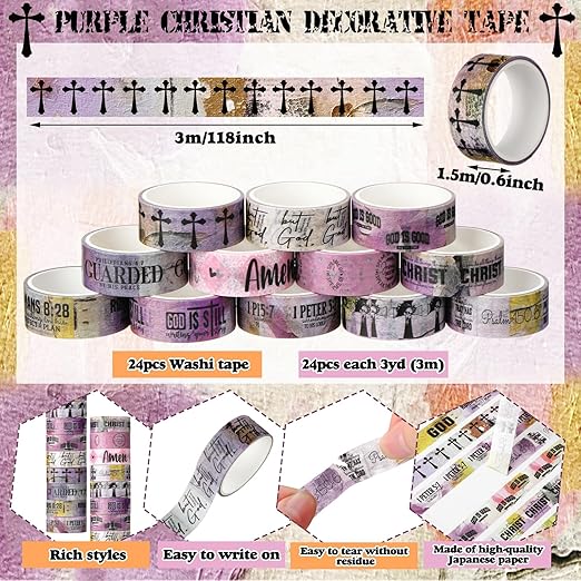Janlaugh 24 Rolls Christian Washi Tape Gifts Bulk Religious Inspirational Scripture Supplies Purple Bible Verse Washi Tape for Bible Journaling Study Crafting New Year DIY Gifts