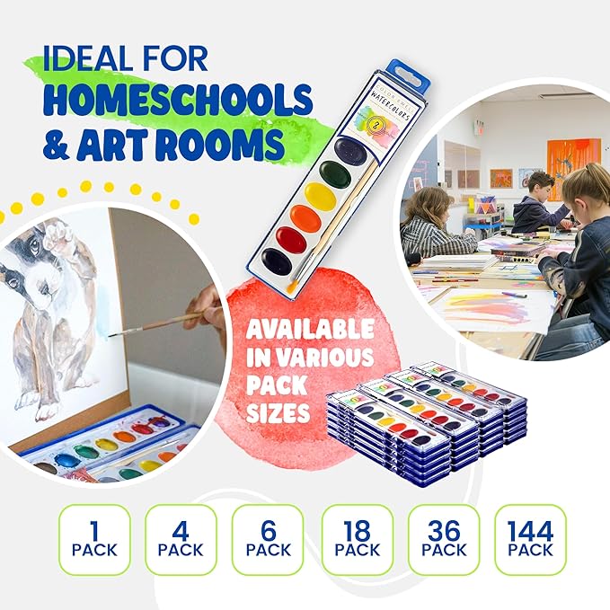 Color Swell Washable Bulk Watercolors, 18 pack, 8 Colors, Wood Brush, Classroom Bulk Pack - Bulk Watercolors