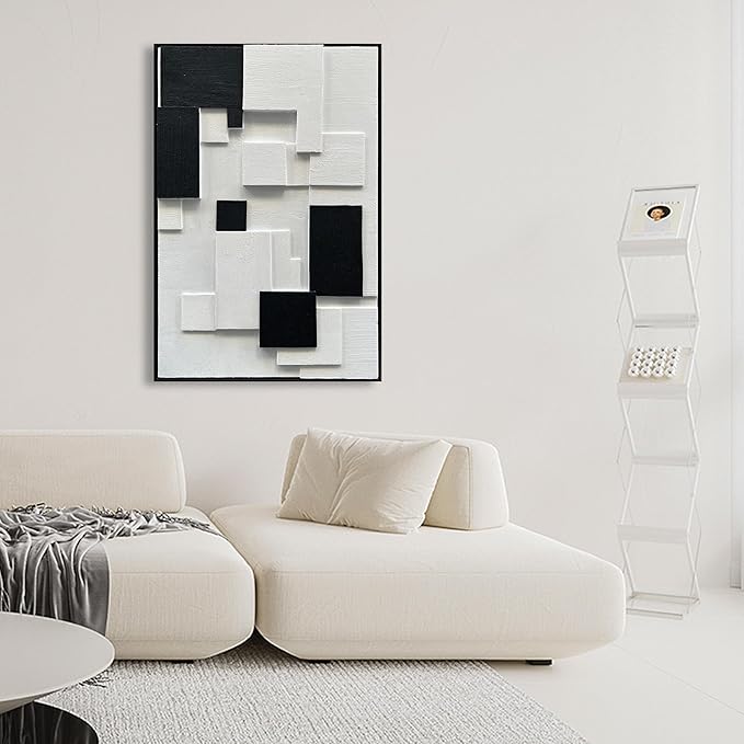 NANKAI Art Hand Painted White and Black Thick Texture Abstract Art Oil Painting 36x24 inch Contemporary Minimalist Art Home Wall Decoration Painting (with Solid Wood Exterior Frame)