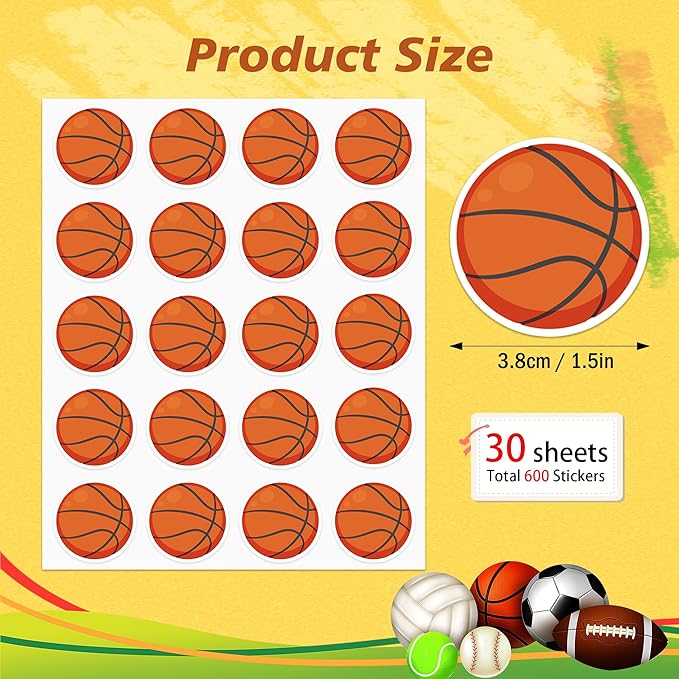600 PCS Basketball Stickers for Kids, Basketball Ball Stickers Sport Balls Theme Decals Sticker for Crafts Scrapbooks Envelope Gift Classroom Teacher Birthday Party Decor, 1.5 Inch