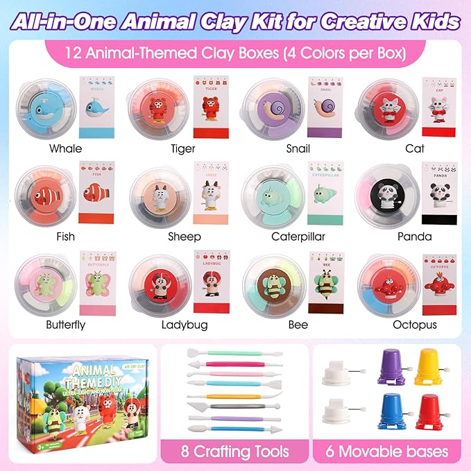 Air Dry Clay Kit -12 Animals Modeling Clay Set with 6 Movable Bases, Ultra Light & Soft, Safe Non-Stick DIY Art & Craft Kit with Sculpting Tools & Tutorials, Creative Gift for Boys & Girls