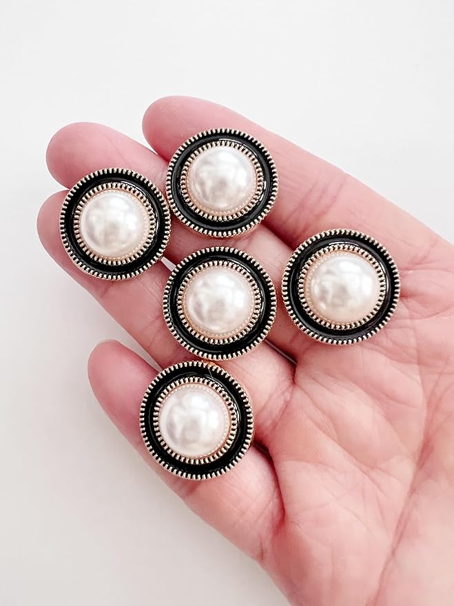 PEPPERLONELY 10PC Faux Pearl Metal Buttons for Clothing, Jeans, Crafts, Pants, Blazer, Sewing, Jacket, Jewlery Making (Gold/Black, 20mm)
