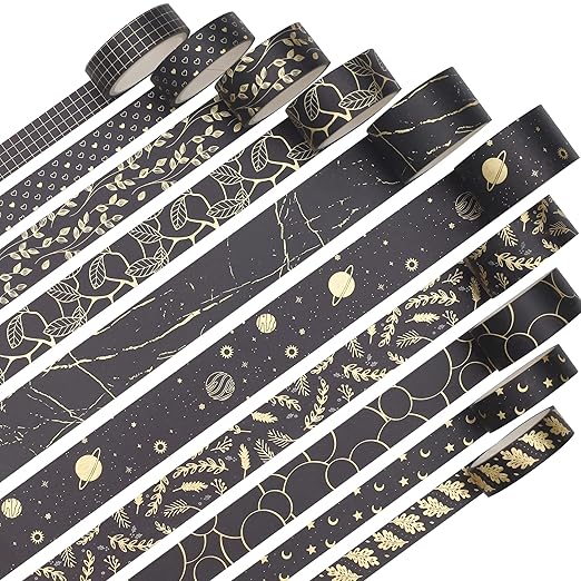 YUBX Creative Washi Tape Set 10 Rolls Gold Foil Print Decorative Masking Tapes for Arts, DIY Crafts, Journals, Planners, Scrapbook, Wrapping (Gold Dark)