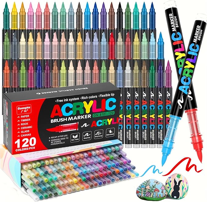 120 Colors Acrylic Paint Markers, Soft Brush Tip Acrylic Paint Pens for Stone, Wood, Glass, Rock Painting, Canvas, Ceramic, DIY Crafts Art Supplies