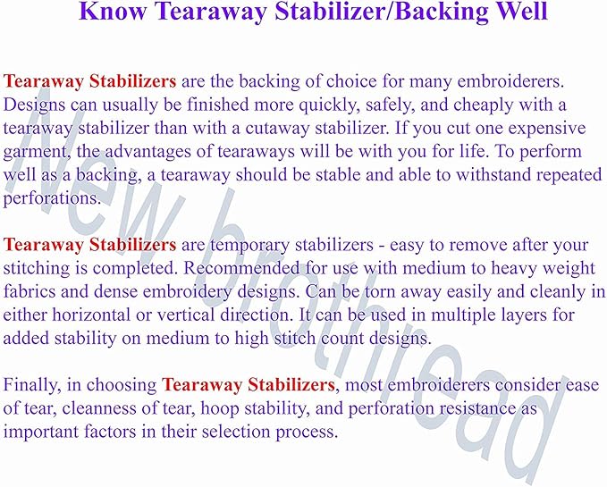 New brothread Tear Away Machine Embroidery Stabilizer Backing 20" x 25 Yd roll - Medium Weight 1.8 oz - Cut into Any Sizes - for Machine Embroidery and Hand Sewing