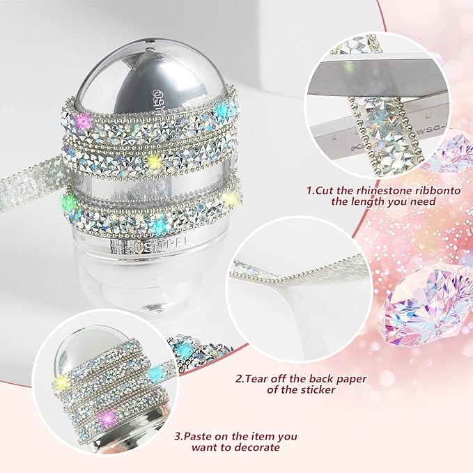 4-Yard Rhinestone Ribbon Self Adhesive Crystal Rhinestones, 4-Yards Bedazzling Strips, Rhinestone Strips for DIY Craft, Rhinestones for Crafting, Home Decor, AB Crystals Color, 0.4inch Width