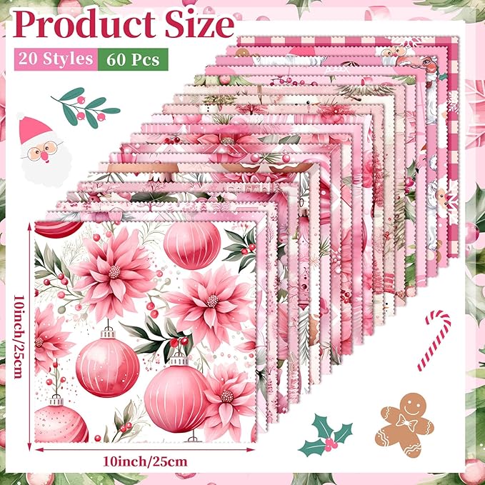Oudain 60 Pcs 10 x 10 Inch Pink Christmas Quilting Fabric Vintage Christmas Fat Squares Patchwork Precut Strips Santa Flamingo Snowman Fabric Bundles for Xmas DIY Craft Sewing