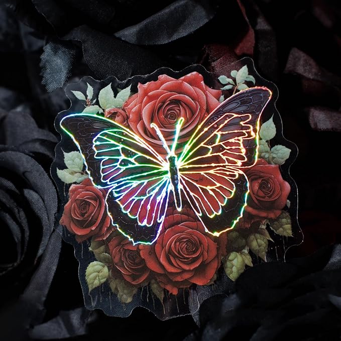 Yoksas 60Pcs Vintage Gothic Holographic Shiny Butterfly Flower Stickers - Clear Waterproof Dark Spooky Butterfly Stickers for Scrapbooking,Junk Journals,Witchcraft Supplies