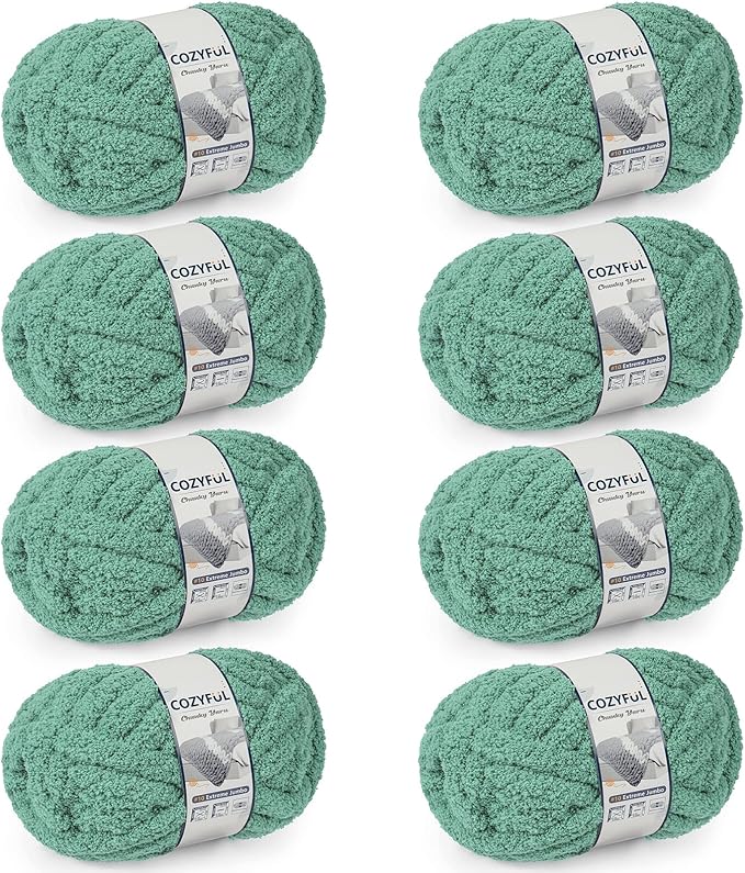 Chunky Yarn for Hand Knitting - #10 Chunky Chenille Yarn, Jumbo Big Thick Chunky Yarns for Crocheting, Super Bulky Chunky Knit Blanket Yarns, 8 Skein (25 yds 8 oz Each Skein), Misty Jungle Green