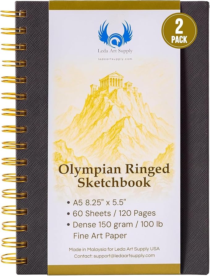 Olympian Ringed Sketchbook, A5 Size 5.5 x 8.25 inches, Gold Metal Ring Binding Lays Flat, 60 Sheets, 150 GSM Fine Art Paper for Artists, Ideal for Pencil, Ink, Watercolor, Leda Art Supply (Pack 2)