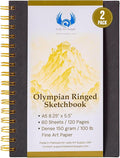 Olympian Ringed Sketchbook, A5 Size 5.5 x 8.25 inches, Gold Metal Ring Binding Lays Flat, 60 Sheets, 150 GSM Fine Art Paper for Artists, Ideal for Pencil, Ink, Watercolor, Leda Art Supply (Pack 2)