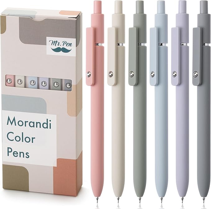 Mr. Pen - Retractable Fine Point Gel Pens, 6 Pack, Morandi Barrels, Fast Dry Black Ink, 0.5 mm Cute Aesthetic Pens for Journaling