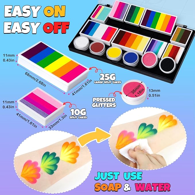 Drawdart Professional Face Painting Kit for Kids Adults, Large Split Cake Face Paint Palette| with Stencils, Book, Easy to Use and Safe for Kids, Fun for Halloween, Birthday Party, School Event