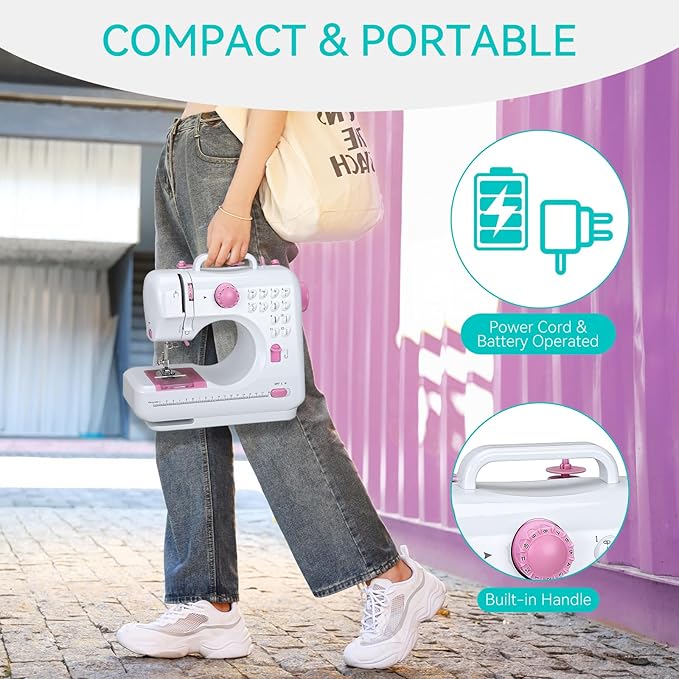 Mini Sewing Machine for Beginners, Portable Electric Sewing Machine with Dual Speed, 12 Built-in Stitches, Foot Pedal, and Accessories Kit for Home DIY Projects & Gift, Pink