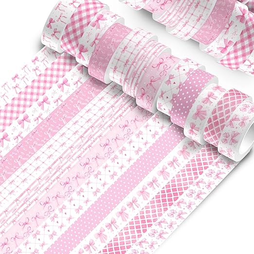 12 Rolls Pink Bow Washi Tape Set Bowknot Decorative Masking Tape Set - Bowknot, Buffalo Plaid Decorative Masking Tapes for Scrapbooking, Journaling, Coquette Party Decor, DIY Art Crafts