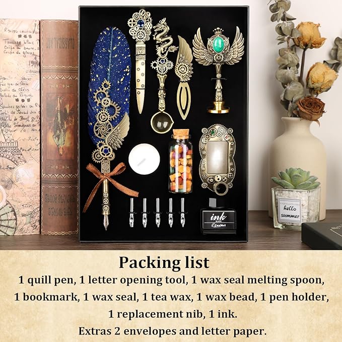 Quill Pen Ink Set with Wax Seal,Feather Quill Pen, a Collision of Punk and Retro Styles, both Calligraphy Pen Set and Wax Seal Stamp Kit, Suitable for Calligraphy Lovers of All Ages (Blue)